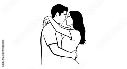 A black and white line drawing depicts a couple embracing in a tender romantic kiss