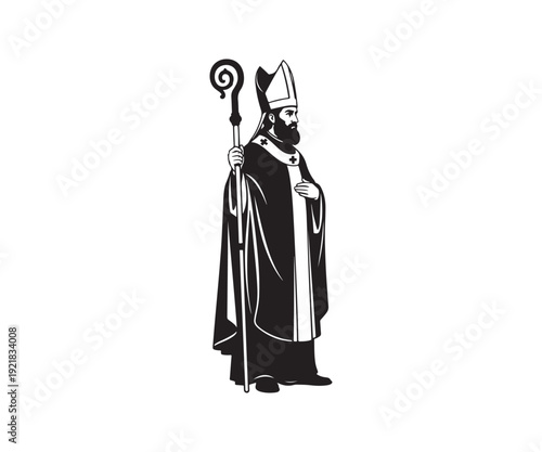 Illustration of a bishop in traditional religious attire holding a staff