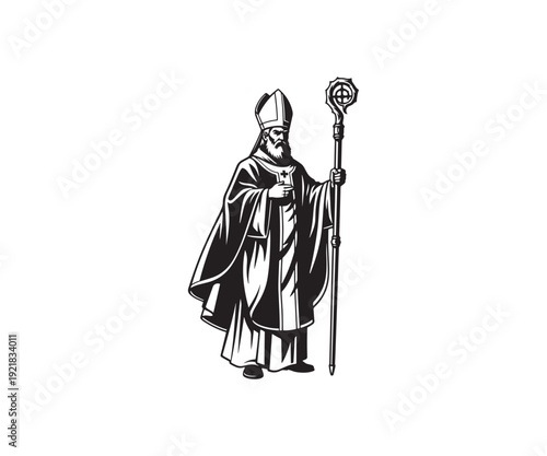 Illustration of a bishop holding a cross and staff.