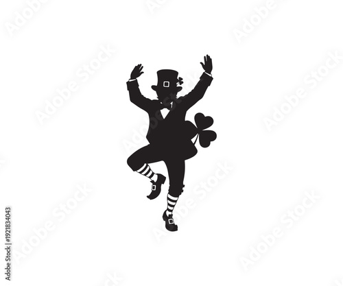 Leprechaun dancing with shamrock on St. Patrick's Day.