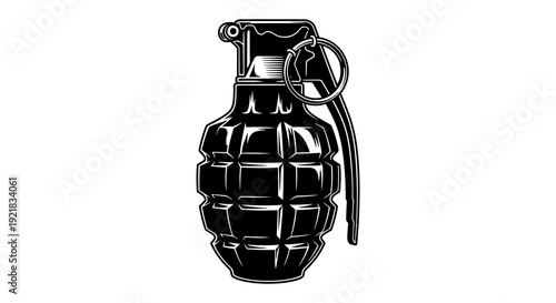 A detailed black and white illustration of a vintage style hand grenade with a pin high quality