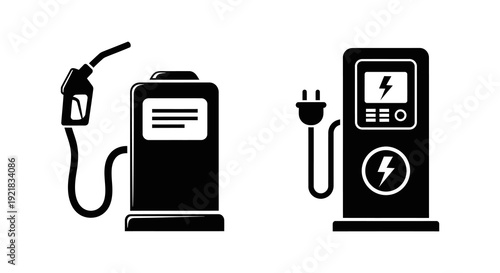 A comparison of traditional gasoline fuel pump and modern electric vehicle charging station icons high quality