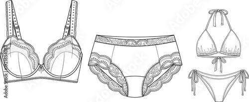 Women lingerie and bikini set outline drawing, lace underwear and swimwear flat vector illustration isolated on white background