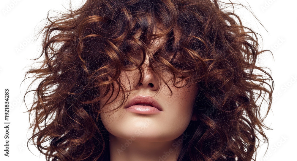 Fototapeta premium Woman with voluminous curly brown hair obscuring her face, studio portrait