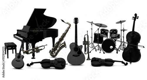 Collection of musical instruments on a white background.
