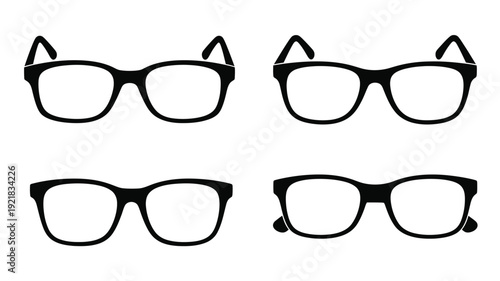 Four pairs of black eyeglasses displayed against a white background silhouette