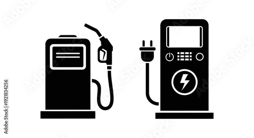 A comparison of traditional gasoline and modern electric vehicle charging stations shown as icons high quality