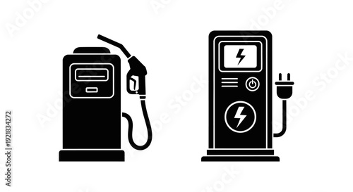 Black and white icons depicting a traditional gas pump and an electric vehicle charging station