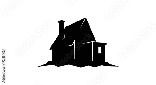 A stark black silhouette of a simple house with a pointed roof and single window