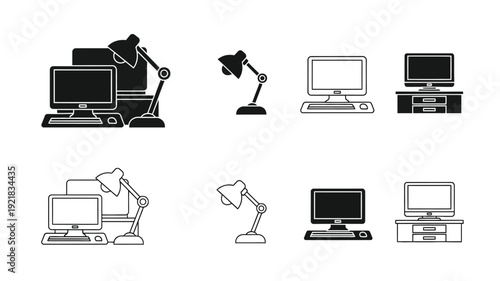 Black and white office equipment icons presented as a flat silhouette