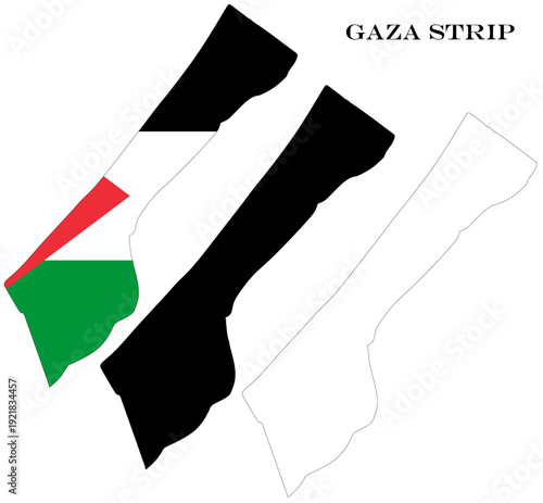 Gaza Strip Territory Maps Bundle with Flag, Black Silhouette and Detailed Outline Contours