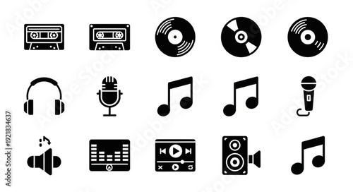 Collection of music icons and symbols in black and white.