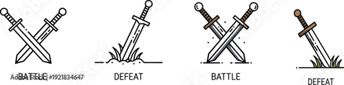 Crossed Swords Battle and Defeat Icon Set, Medieval Sword Illustration, Victory and Loss Concept, Minimal Line Art Vector for Game UI Design