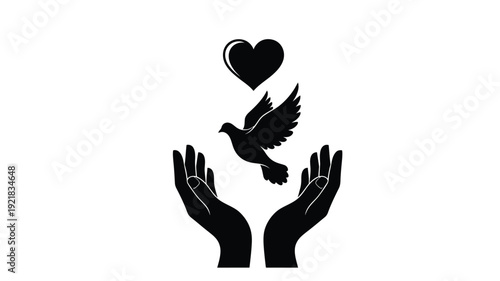 Hands cradling a dove and heart shape a symbolic silhouette