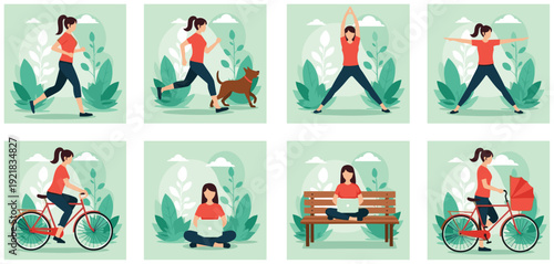 Woman Healthy Lifestyle Activities Set Yoga Running Cycling and Relaxing Vector