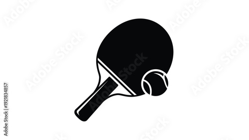 A black silhouette of a ping pong paddle and ball