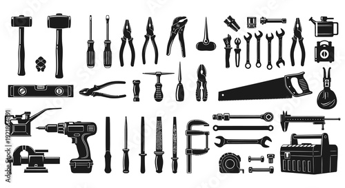 A collection of various black silhouette hand tools arranged in horizontal rows high quality professional detailed