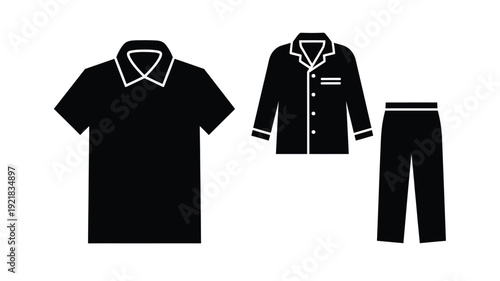 Black clothing icons depicting a t shirt jacket and pants silhouette