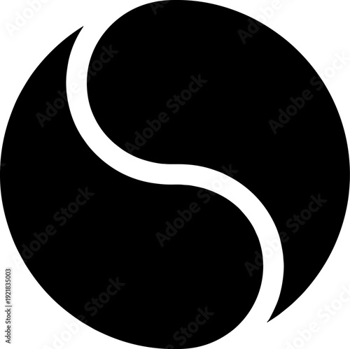 Stylized black yin-yang inspired circular design with curved teardrop halves, symbolizing duality, harmony, balance, and Eastern philosophy