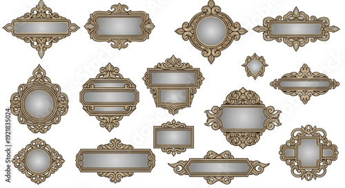 Collection of ornate decorative frames and labels with vintage style.