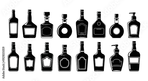 A collection of various black silhouette bottle shapes displayed in a neat organized arrangement high quality