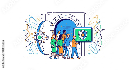 Diverse group of people standing in front of a large vault door with a security shield icon.