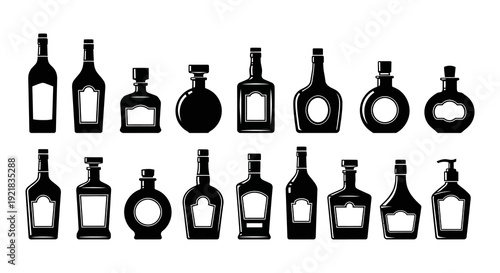 A collection of diverse silhouette bottles arranged in two horizontal rows black on white high quality