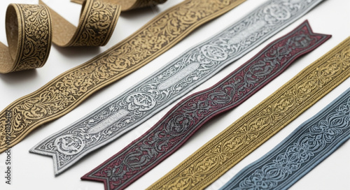 Collection of ornate decorative ribbons with intricate patterns.