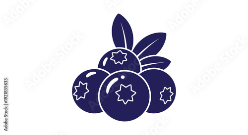 A dark blue stylized illustration depicts a cluster of three blueberries with small leaf accents