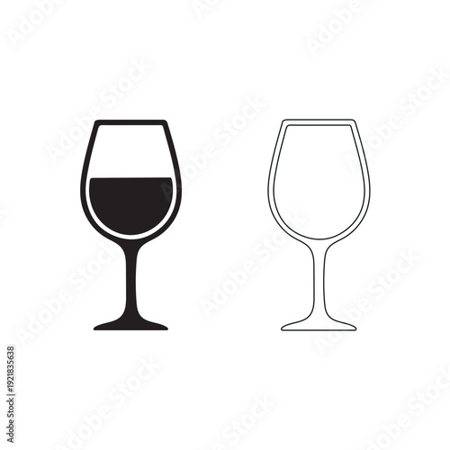 Wine Glass Icon Set: Filled and Outline Styles Isolated on White Background