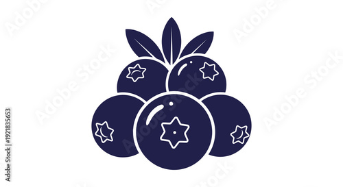 A stylized illustration depicts a cluster of four dark blue blueberries with green leaves high quality
