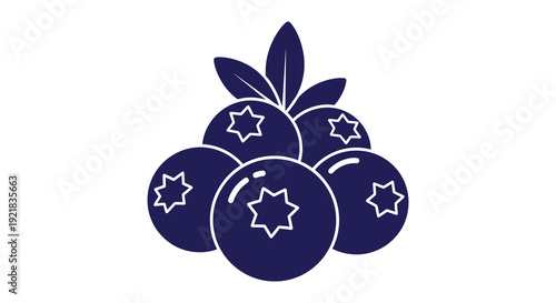 A cluster of dark blue blueberries with leaves presented as a simple graphic icon high quality