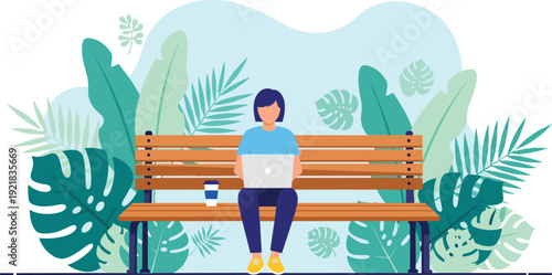 Freelancer Working on Laptop Sitting on Park Bench Vector Illustration