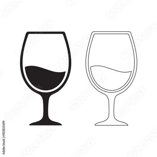 Wine Glass Icon Set: Filled and Outline Styles for Beverage Illustration Isolated on white background