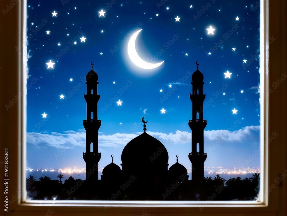 Fototapeta premium View from the window of a mosque at night under a starry sky.