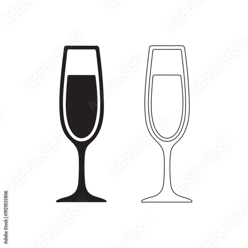 Champagne Flute Silhouette and Outline Two Styles Celebration Beverage Barware Isolated on white background