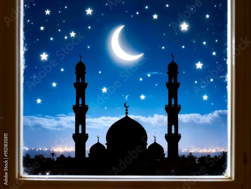 View from the window of a mosque at night under a starry sky.