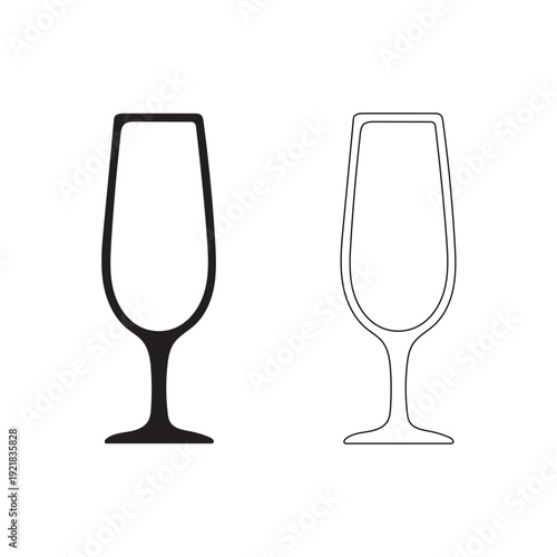 Two Champagne Flutes Outline and Silhouette Drinkware Barware Isolated on white background
