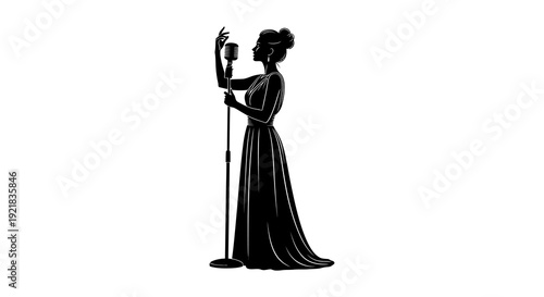 Silhouette of a woman singing into a vintage microphone depicted in a dramatic black style