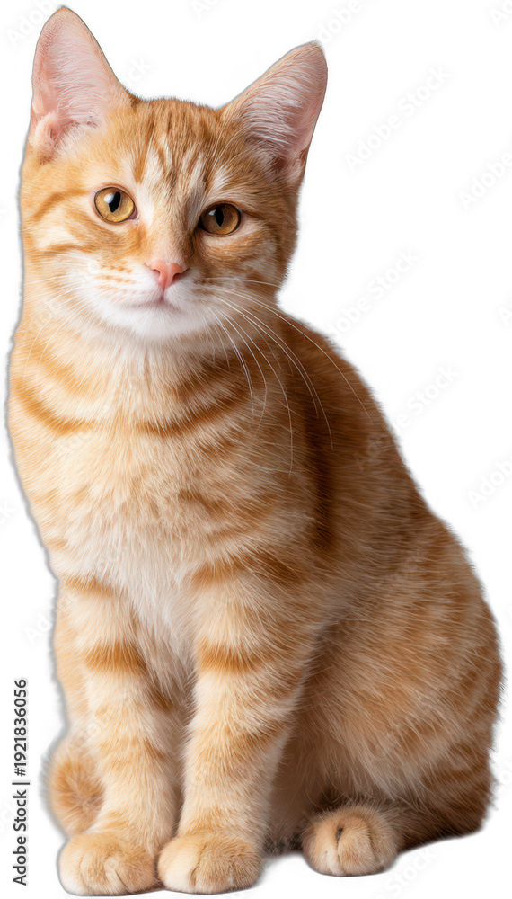 Obraz premium Orange tabby cat with golden eyes gaze directly at viewer on black