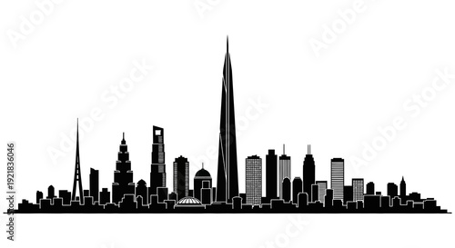 A striking black and white silhouette of a modern city skyline with a prominent skyscraper