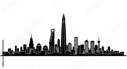 A striking black silhouette of a modern cityscape with tall skyscrapers and a reflective base