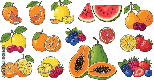 Assortment of fresh fruits and berries healthy food on transparent background