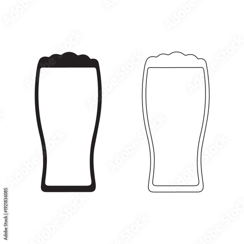 Two Beer Glasses Vector Icons with Foam Outline and Solid Fill Isolated on white background