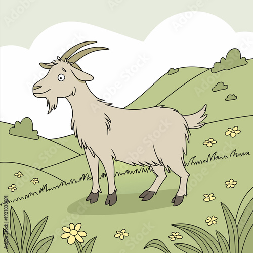 Two goats, one black and one light brown, are positioned together in a studio setting. The black goat is larger and slightly behind the brown goat, which is positioned slightly in front of it. Both go