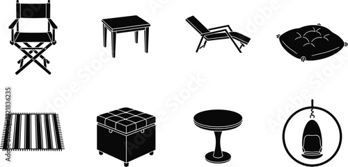 Furniture silhouettes icon set featuring chair, table, lounge, cushion, rug, ottoman, stool and hanging chair for interior design and home decor projects