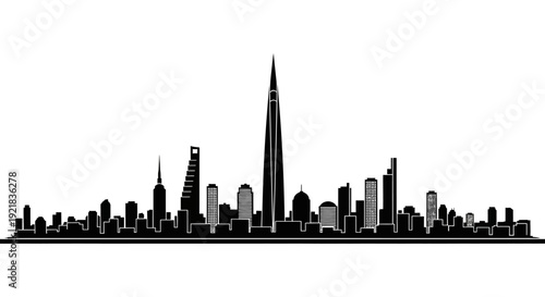 A detailed black silhouette of a modern city skyline with prominent skyscrapers and reflections high quality