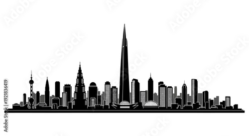 A striking black and white silhouette of a modern city skyline with a prominent central tower