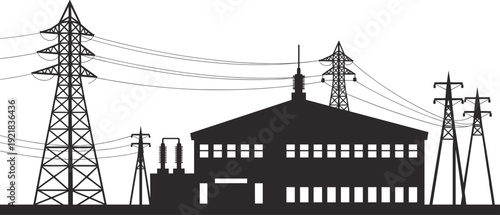 Electric power substation with high voltage transmission towers, energy distribution center, electricity grid system, power infrastructure silhouette illustration