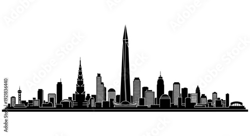 A striking black silhouette of a modern city skyline with a mirrored reflection below high quality